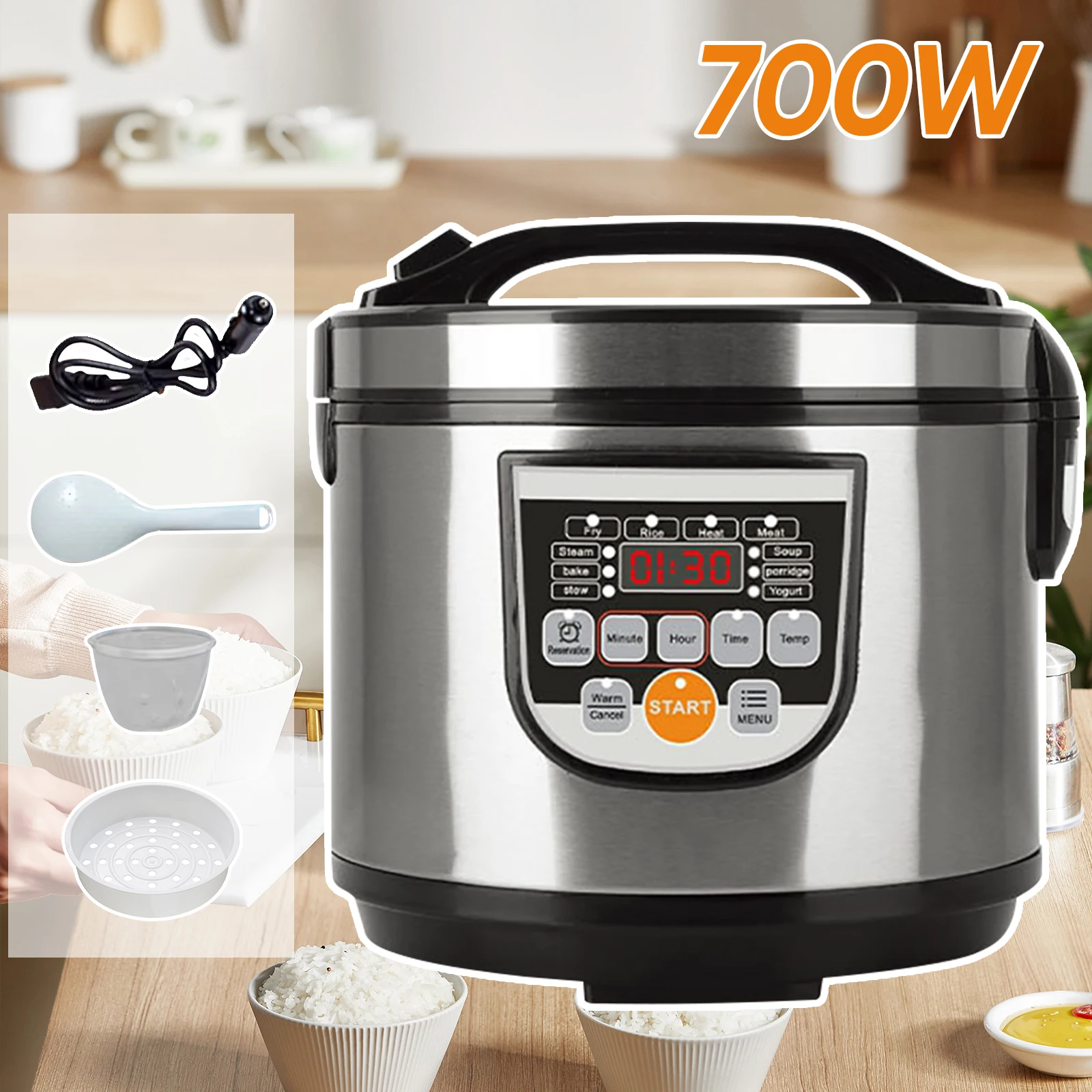 OWJHE 220V 5L 700W Auto-Reiskocher für Zuhause, Van-Auto-Reiskocher für Auto und LKW, elektrische Reiskocher für 3-8 Personen Image