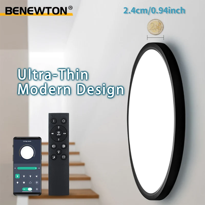 Intelligente Deckenleuchten, 0,94 Zoll, Fernbedienung, APP-Steuerung, ultradünn, dimmbar, moderne runde LED-Deckenleuchte, Schlafzimmer, Esszimmer, Küche