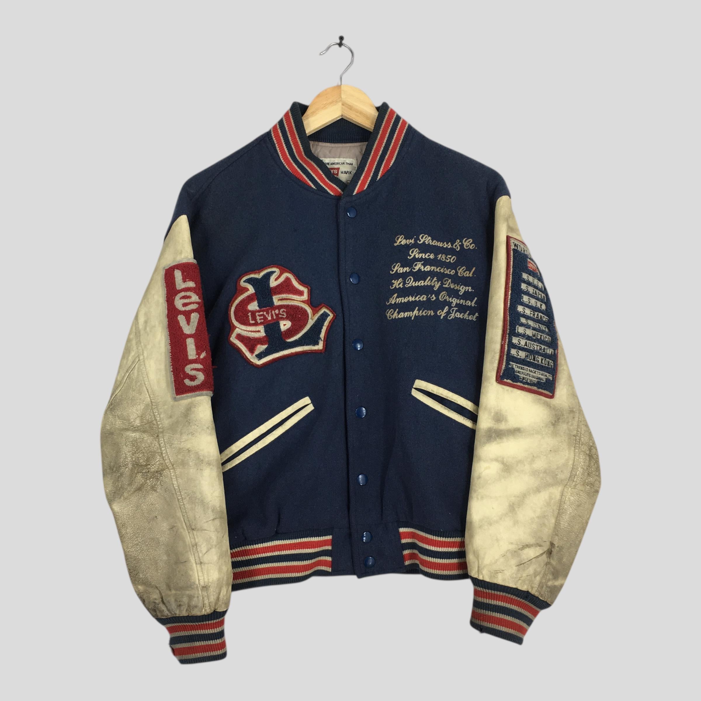 Giacca vintage Levi's Strauss Varsity con bottoni, taglia M, giacca Levi's Jeans Sleeve Leather con ricamo e scritta, giacca bomber Levi's in lana, ta
