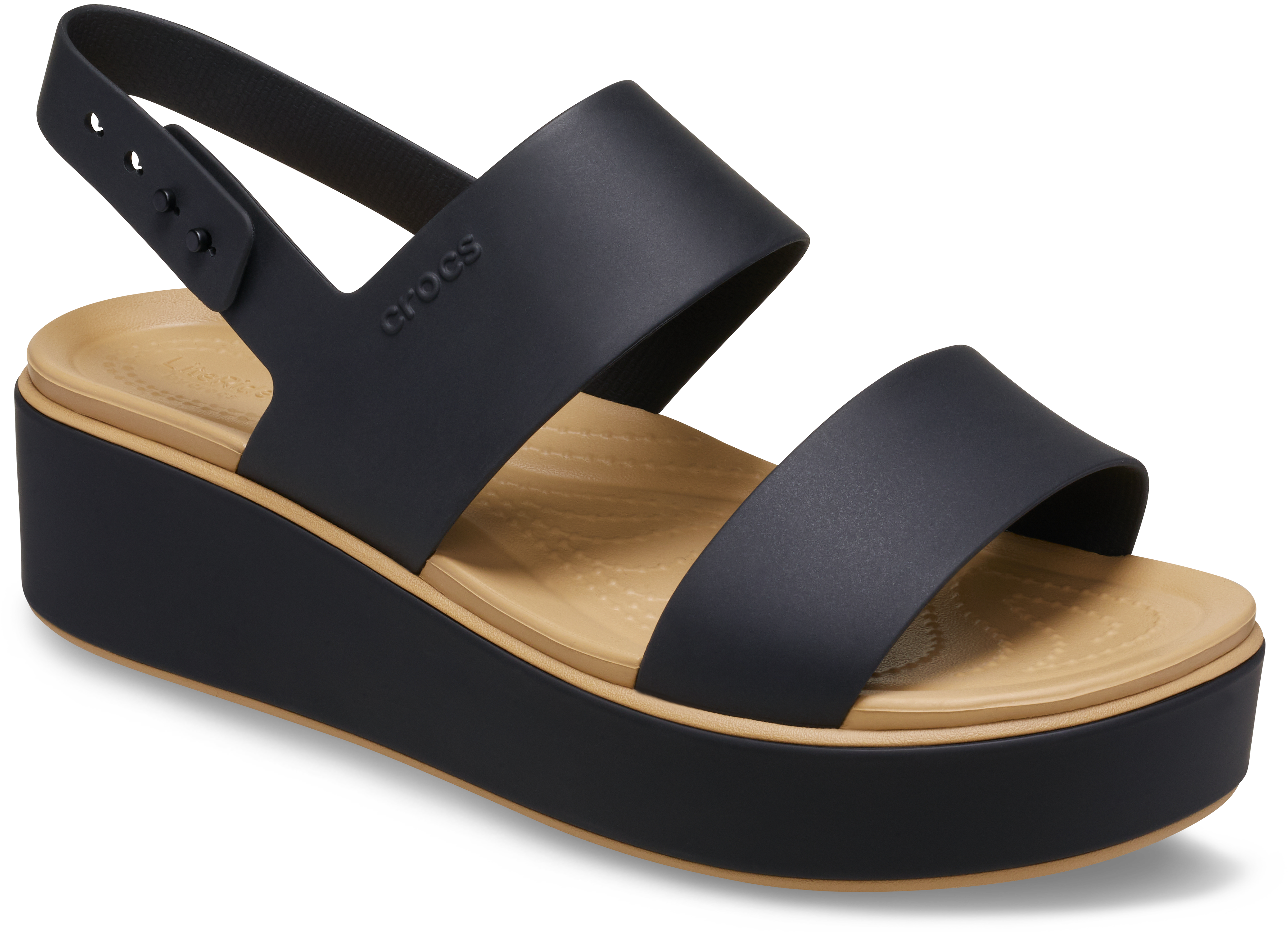 Plateausandale CROCS "Brooklyn Matte Wrap Low Wedge", Damen, Gr. 37, schwarz, schwarz, cashew, Croslite™, kontrastfarbene Details, Schuhe, Sommerschuh, Sandalette, Riemchensandale mit Softfußbett