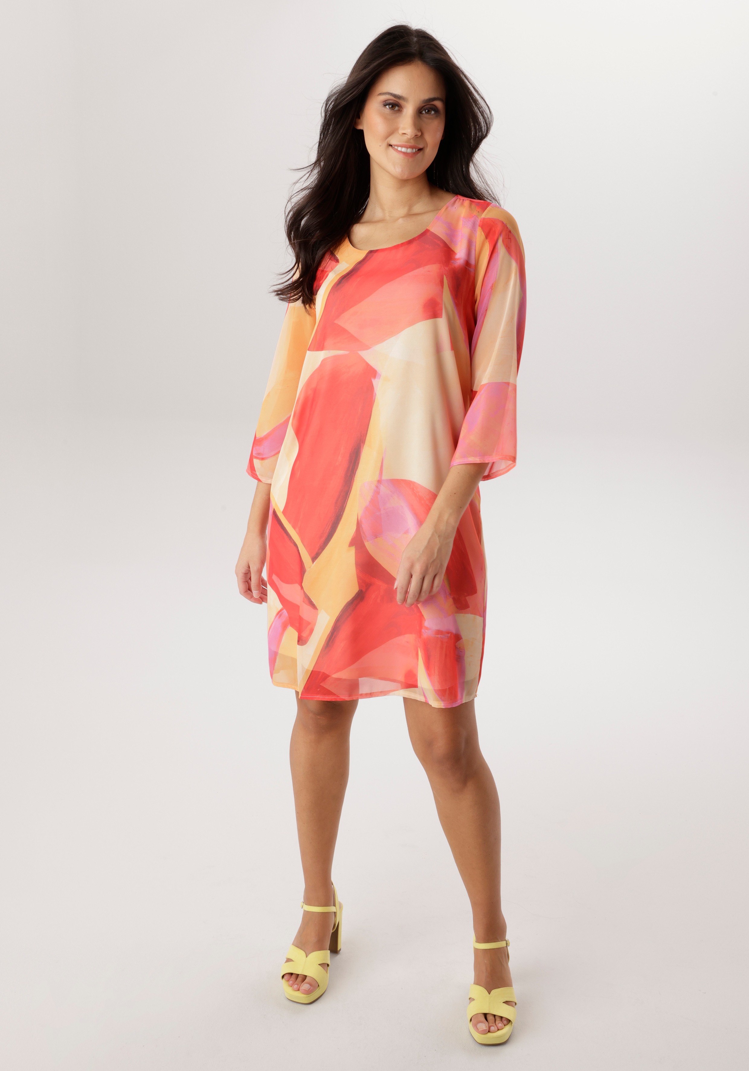 Chiffonkleid ANISTON SELECTED, Damen, Gr. 48, N-Gr, gelb, rot, orange, rosa, braun, sand, Chiffon, Obermaterial: 100% Polyester. Futter: 95% Viskose, 5% Elasthan, bedruckt, gemustert, figurumspielend kniefrei, Rundhals, Kleider Chiffonkleid, aus...