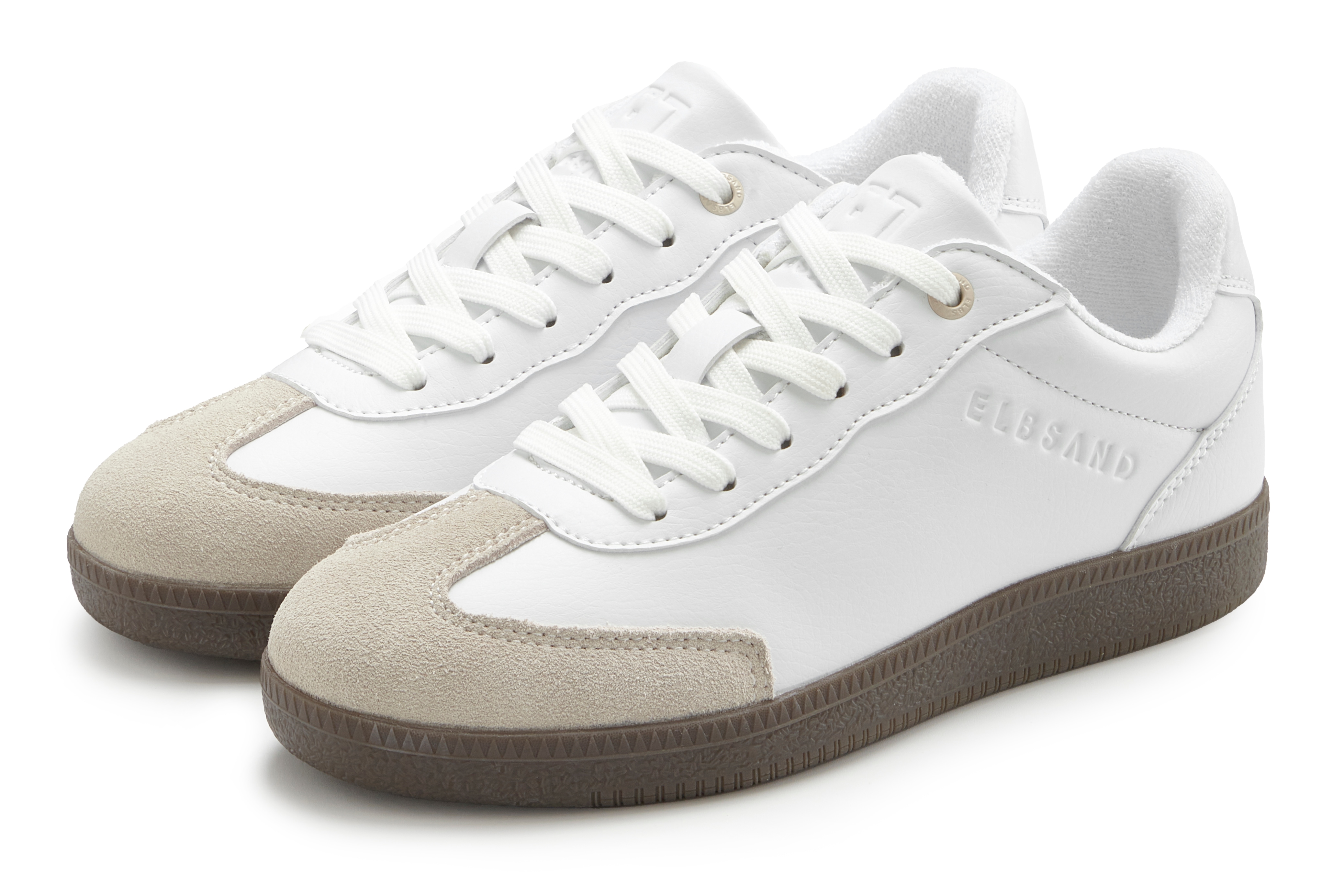 Sneaker ELBSAND "Freizeitschuh", Damen, Gr. 43, weiß, Obermaterial: 90% Lederimitat, 10% Rindsleder. Decksohle: 100% Textilmaterial. Futter: 100% Textilmaterial. Laufsohle: 100% Synthetik, unifarben mit Farbeinsatz, Schuhe Sneaker, Retro Sneaker,...