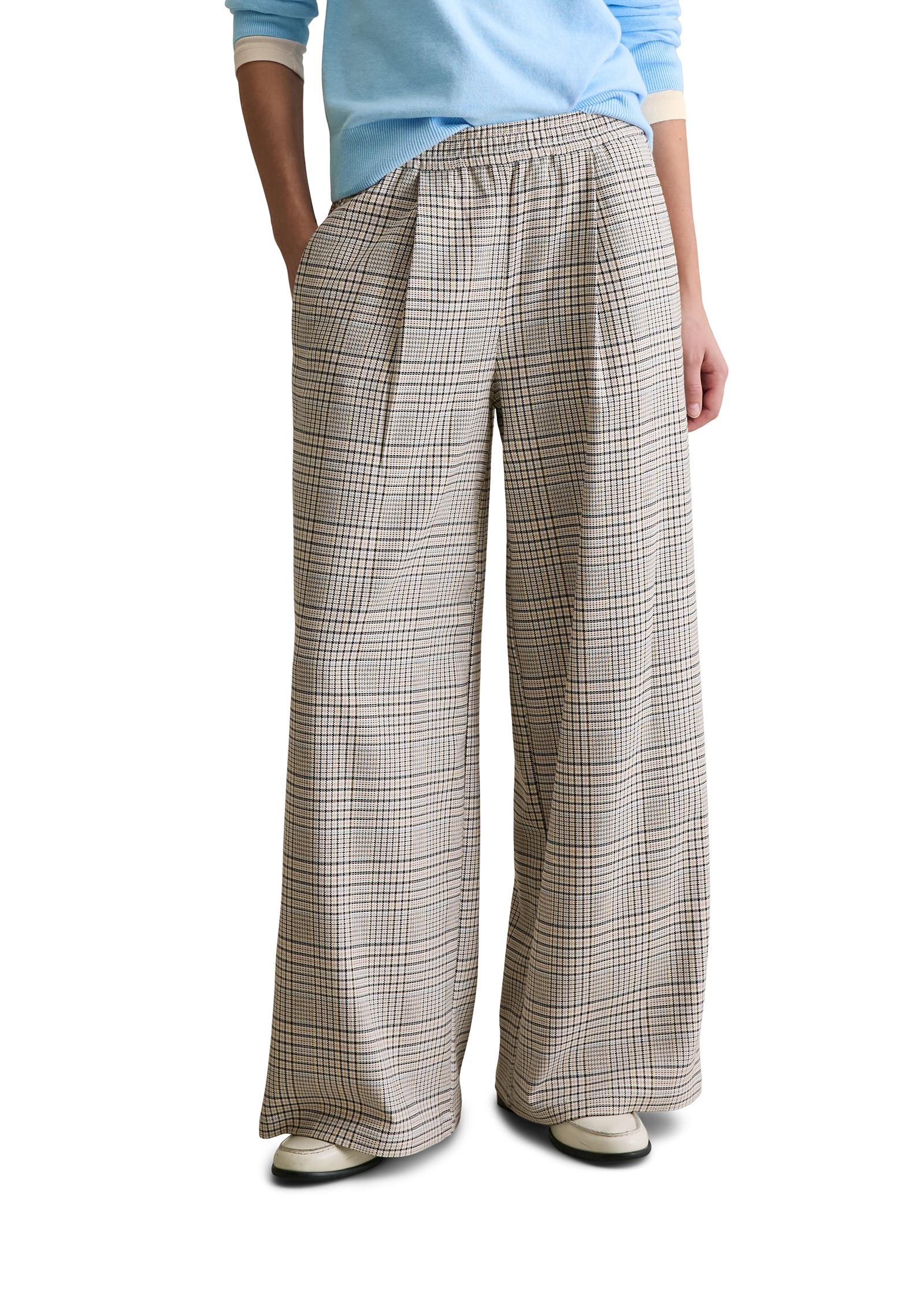 Chinohose MARC O'POLO DENIM "mit recyceltem Polyester", Damen, Gr. XL, Normalgrößen, sanftes weiß, Obermaterial: 65% Polyester, 33% Viskose, 2% Elasthan, kariert, regular fit lang, Hosen Chinohose