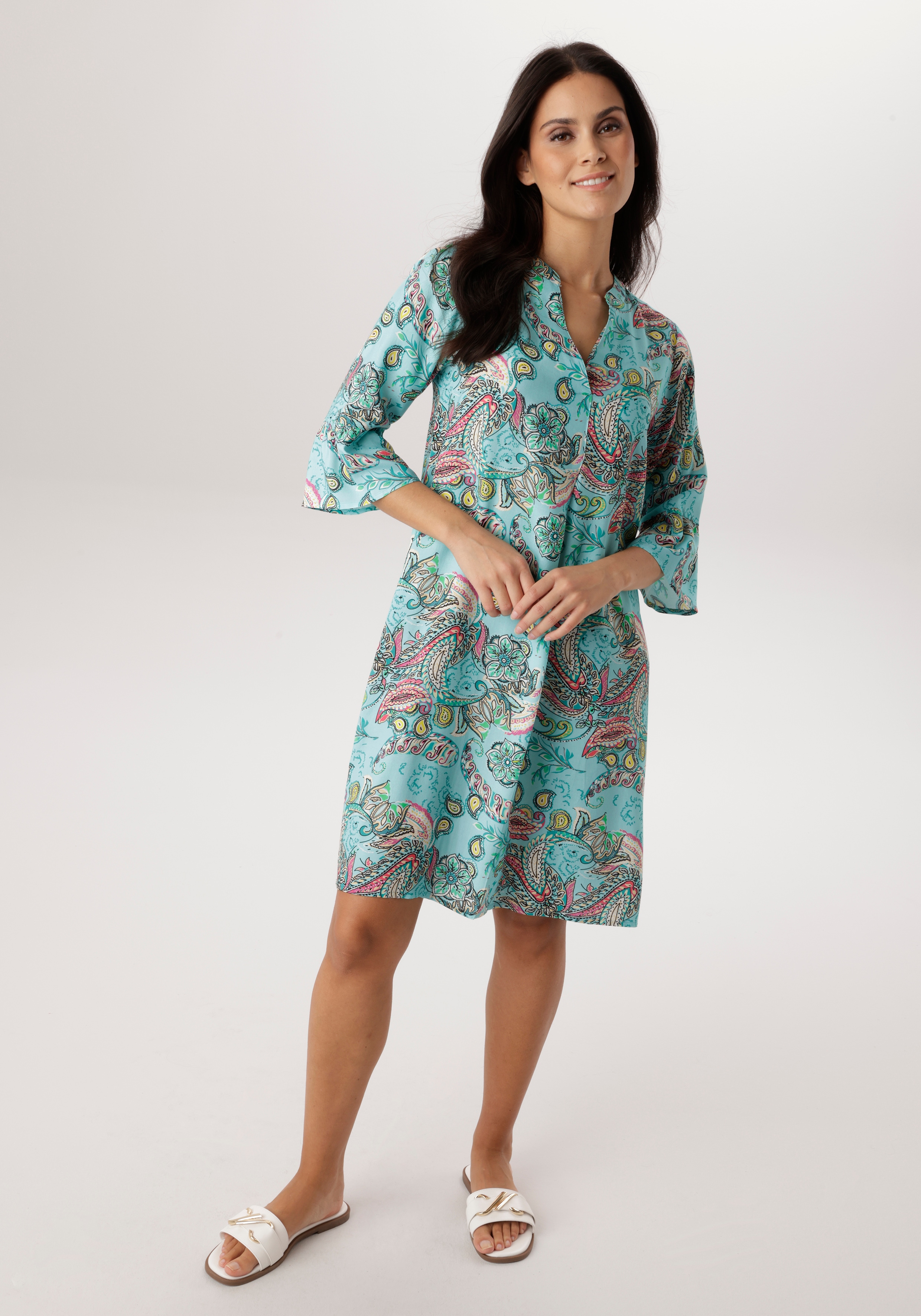 Blusenkleid ANISTON SELECTED, Damen, Gr. 42, N-Gr, türkis, grün, pink, gelb, beige, schwarz, Web, Obermaterial: 100% Viskose, Paisley, bedruckt, geblümt, gemustert, mehrfarbig, lässig geschnitten knieumspielend, V-Ausschnitt, Trompetenärmel Volant,...