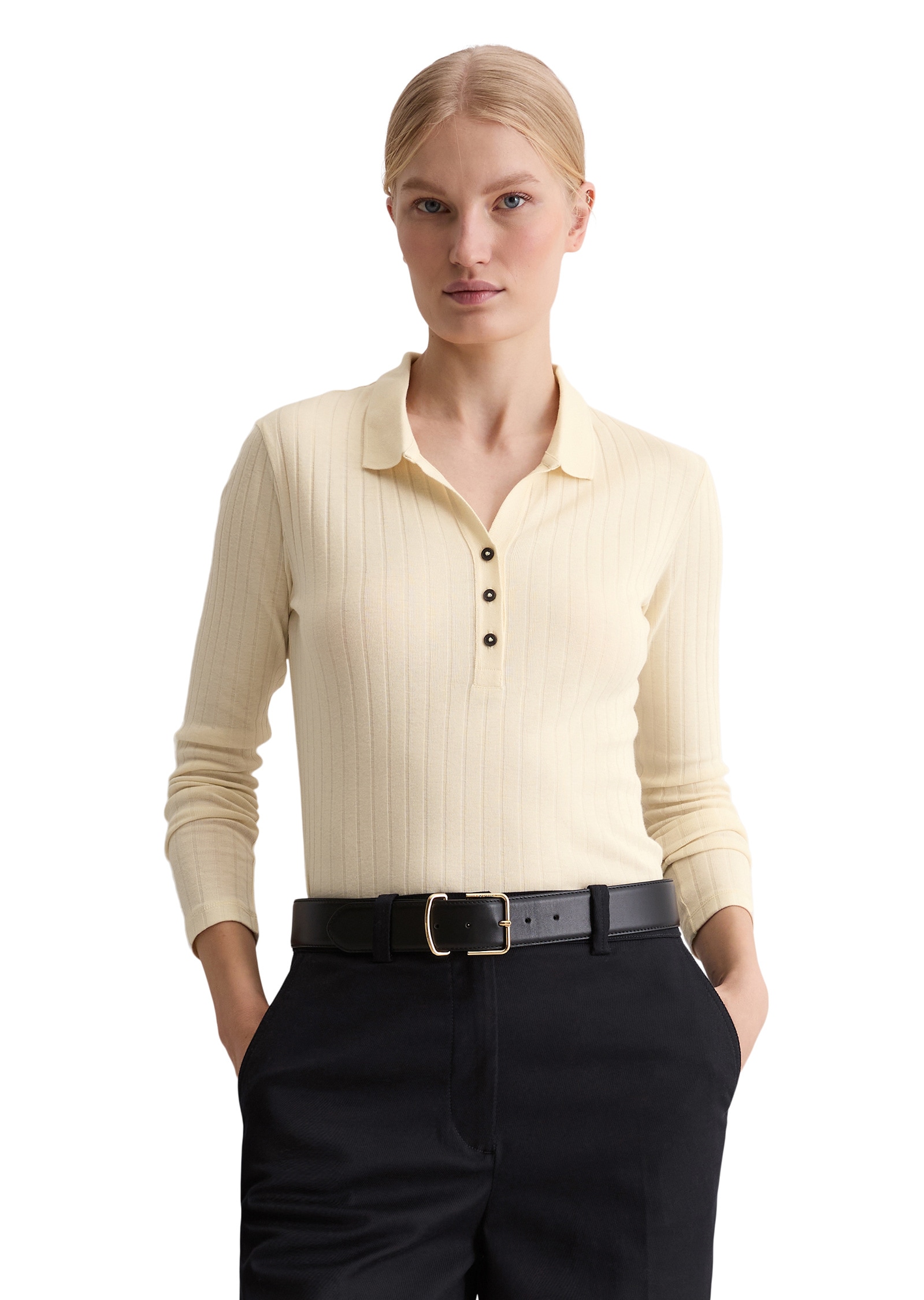 Langarm-Poloshirt MARC O'POLO "aus Organic-Cotton-Modal-Mix", Damen, Gr. M, raw cream, Obermaterial: 52% Baumwolle, 48% Modal, unifarben, regular fit, normaler Saum, Shirts