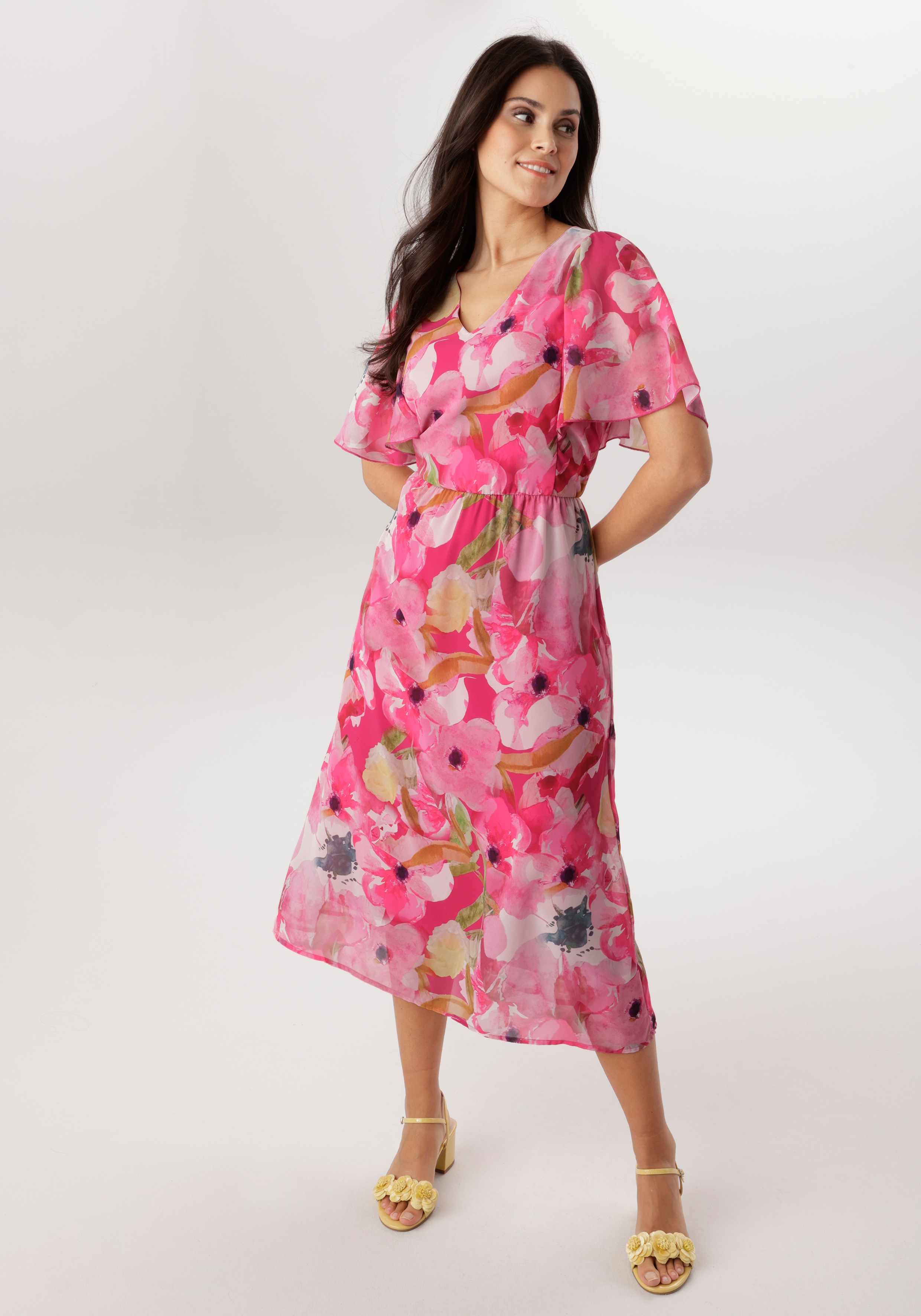 Midikleid ANISTON SELECTED, Damen, Gr. 46, N-Gr, pink, rosa, hellpink, kiwigrün, schwarz, gelb, Chiffon, Obermaterial: 100% Polyester. Futter: 100% Polyester, bedruckt, geblümt, gemustert, figurumspielend wadenlang, V-Ausschnitt, abgesteppte Kante,...