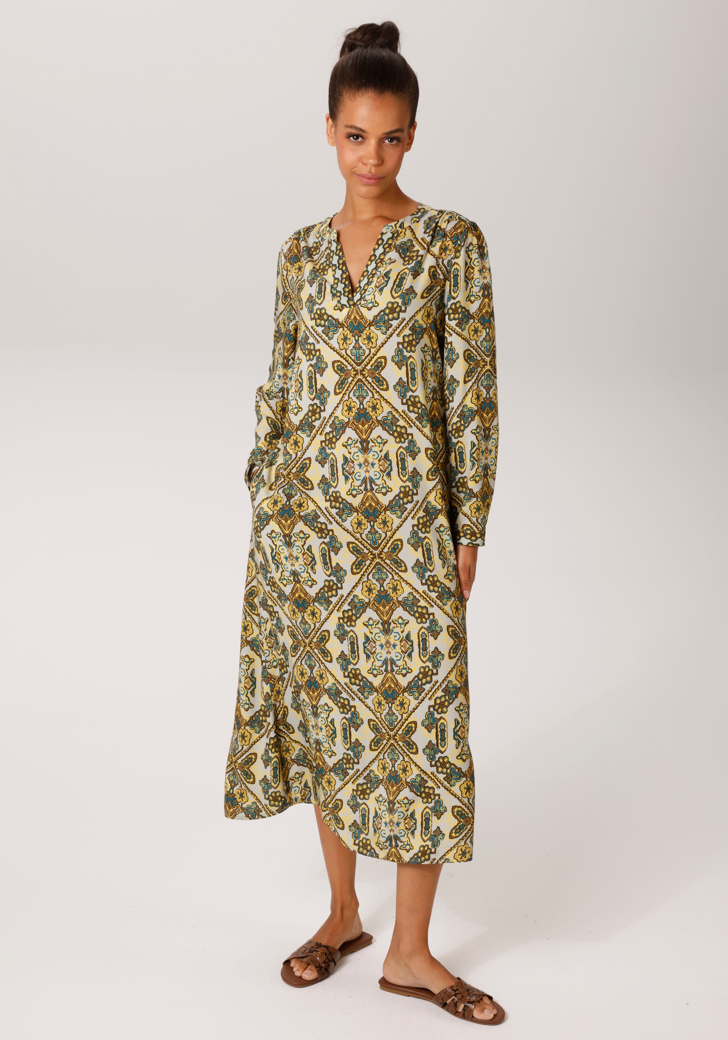 Blusenkleid ANISTON CASUAL, Damen, Gr. 42, N-Gr, bunt (helles graublau, braun, petrol, gelb, dunkelbraun), Web, Obermaterial: 100% Viskose, bedruckt, gemustert, lässig geschnitten wadenlang, V-Ausschnitt, 1-Knopf-Manschette, Kleider Blusenkleid, mit... Image