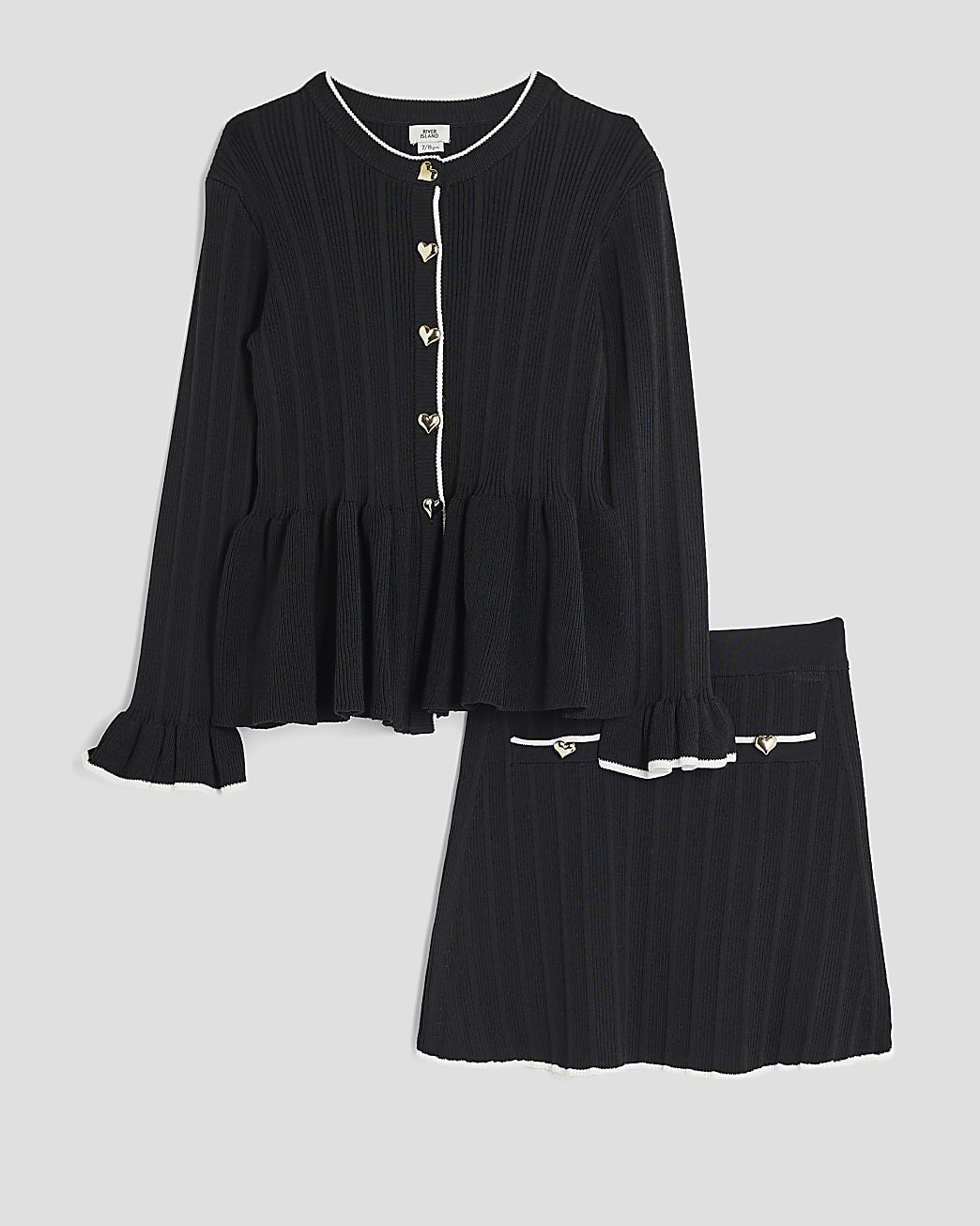 River Island Girls Cardigan & Skirt Set Black Tipped Peplum Viscose - Size 9-10Y | River Island Sale | Discount Designer Brands