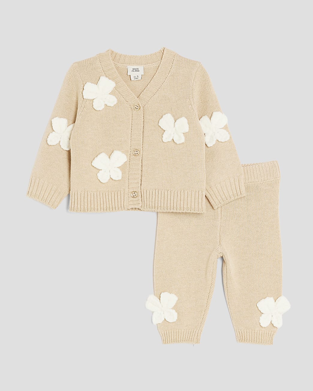 River Island Baby Girls Cardigan Set Beige Crochet Bow - Size 3-6M | River Island Sale | Discount Designer Brands