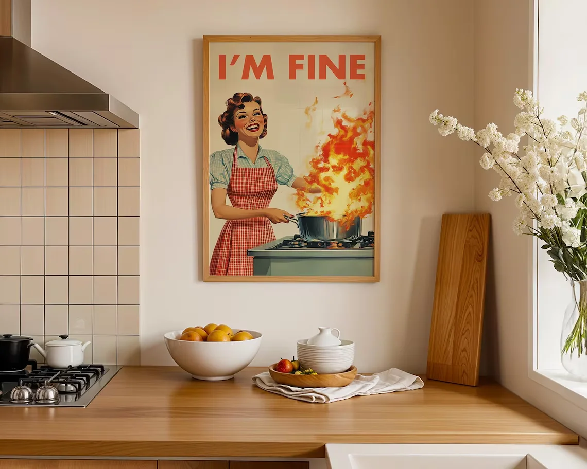 Impression de cuisine rétro, affiche drôle des années 50, art de cuisine vintage, décor de cuisine humoristique, idées cadeaux d'art mural rétro, impression « Je suis fin »