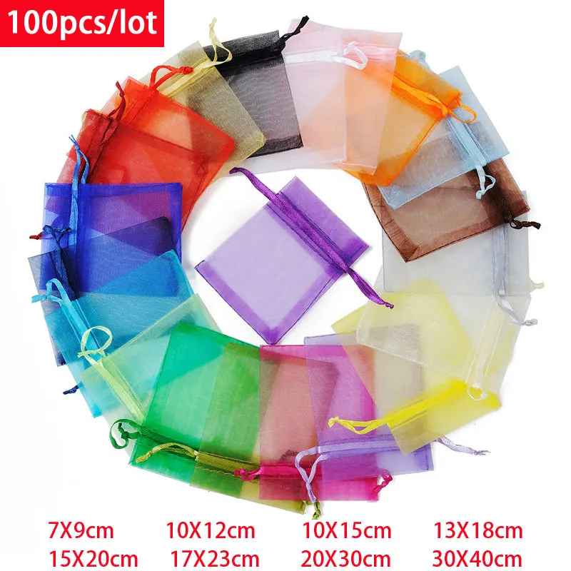 100 Pz/lotto 7x9 9x12 10x15 13x18 CM Sacchetti di Organza Sacchetto di Gioielli Decorazione Della Festa Nuziale Sacchetti Tirabili Sacchetti Regalo Imballaggio Dei Monili