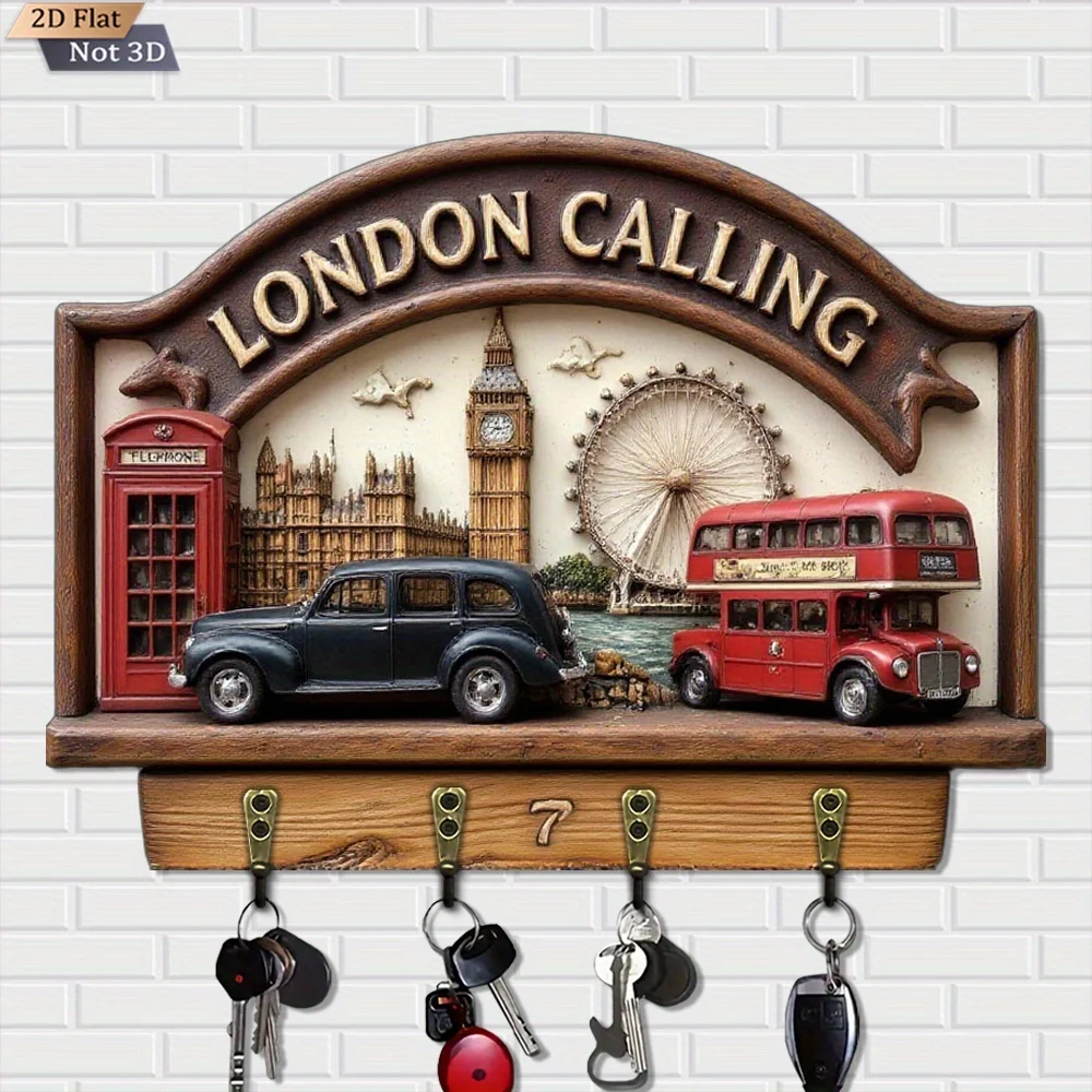 2D Flat, 1pc, London Telephone Booth Double-Decker Bus Key Hanger. Wooden Multifunctional Home Key Hanger with Four Metal