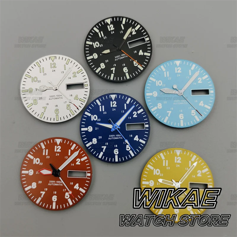 Uhrenteile, 29 mm, NH36-Uhrenzifferblatt, Zeiger, grün leuchtend, schwarz, weiß, rot, gelb, blaues Zifferblatt, Dual-Datum, Kalenderfenster, passend für NH36-Teile Image