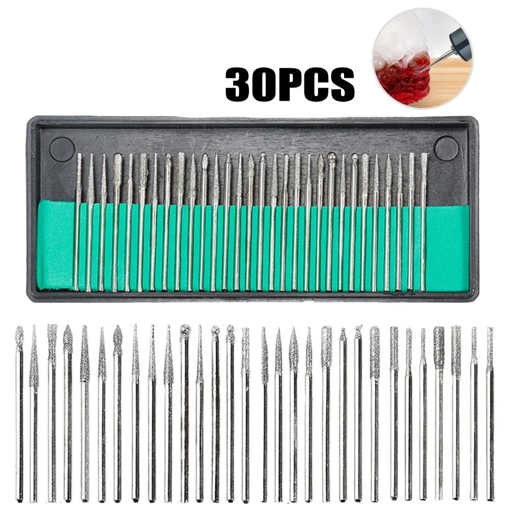 30 pz Set di frese diamantate con scatola 2.35/3mm Frese elettriche Punta da trapano Dremel Utensili rotanti Rettifica Lucidatura Set di punte da trapano
