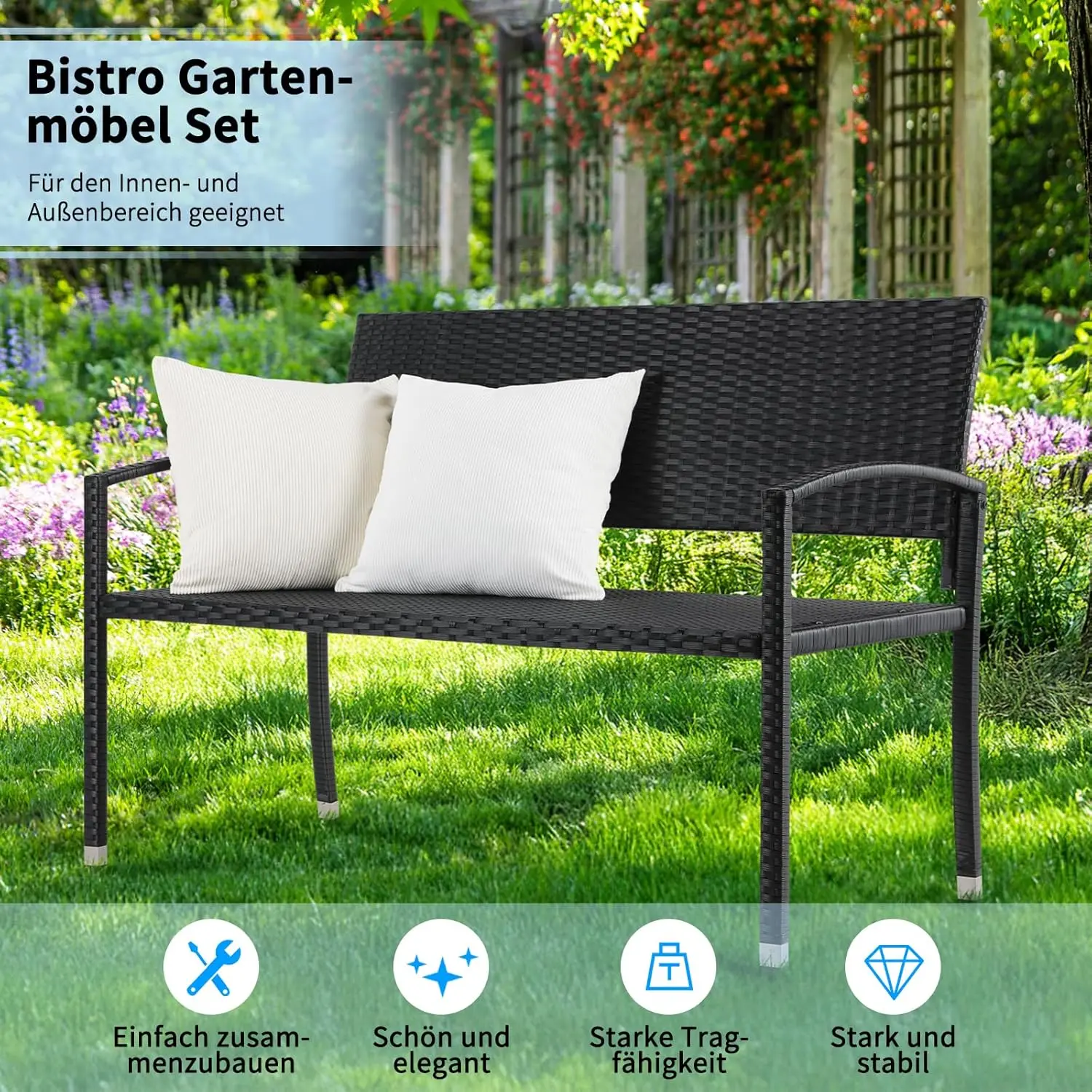 Banc de jardin, banc de balcon, canapé de jardin, banc de meubles de jardin en polyrattan, résistant aux intempéries 122 x 62 x 90 cm