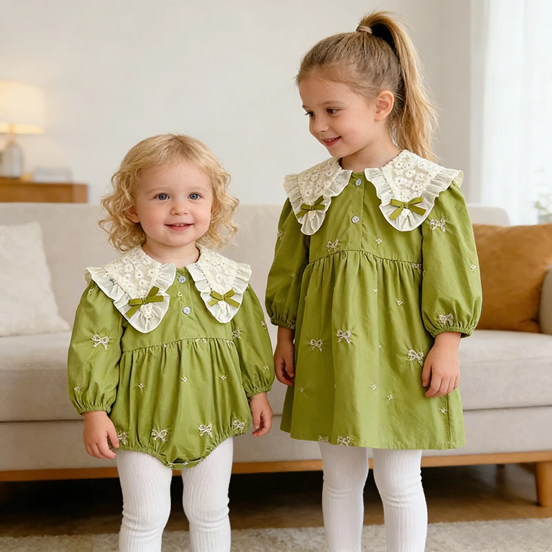 2026 neue Frühling Schwester Kleid Mädchen Party Kleid 2-6Y Lange Ärmeln Baumwolle Stickerei Kinder Prinzessin Kleid 0-24M Baby mädchen Bogen Strampler Image