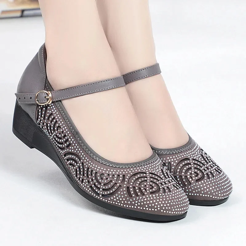 zapatos de mujer women fashion sweet round toe hollow out buckle strap wedge heel shoes lady casual office work black shoes b609