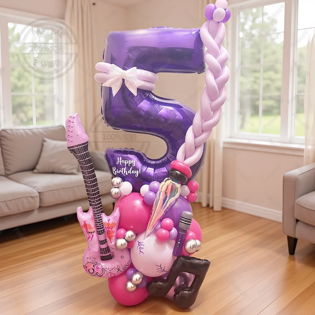 59 Stück Gitarrenballon Lila Zahlen 1-9 Geburtstagsballon Set Musik Thema Party Dekoration Festival Foto Requisiten Geburtstagsgeschenk Image