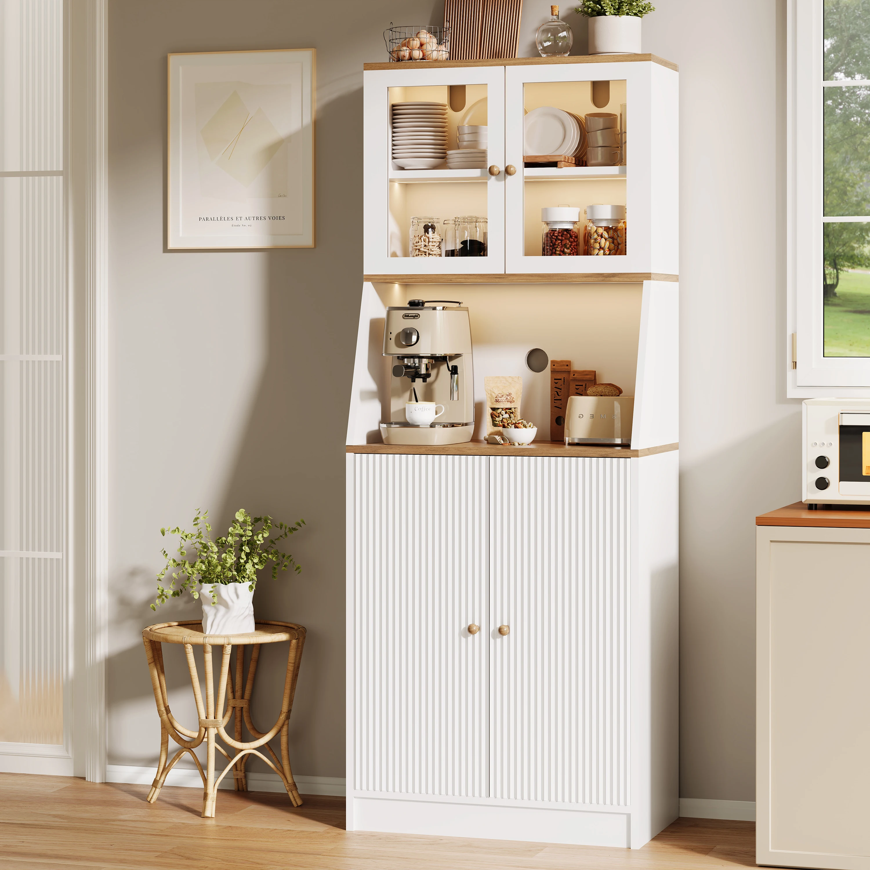 180 cm hohes Küchenbuffet, Küchenschrank mit LED-Beleuchtung, freistehender Holzschrank mit 4 Türen und verstellbarem Einlegeboden, für Esszimmer und Wohnzimmer