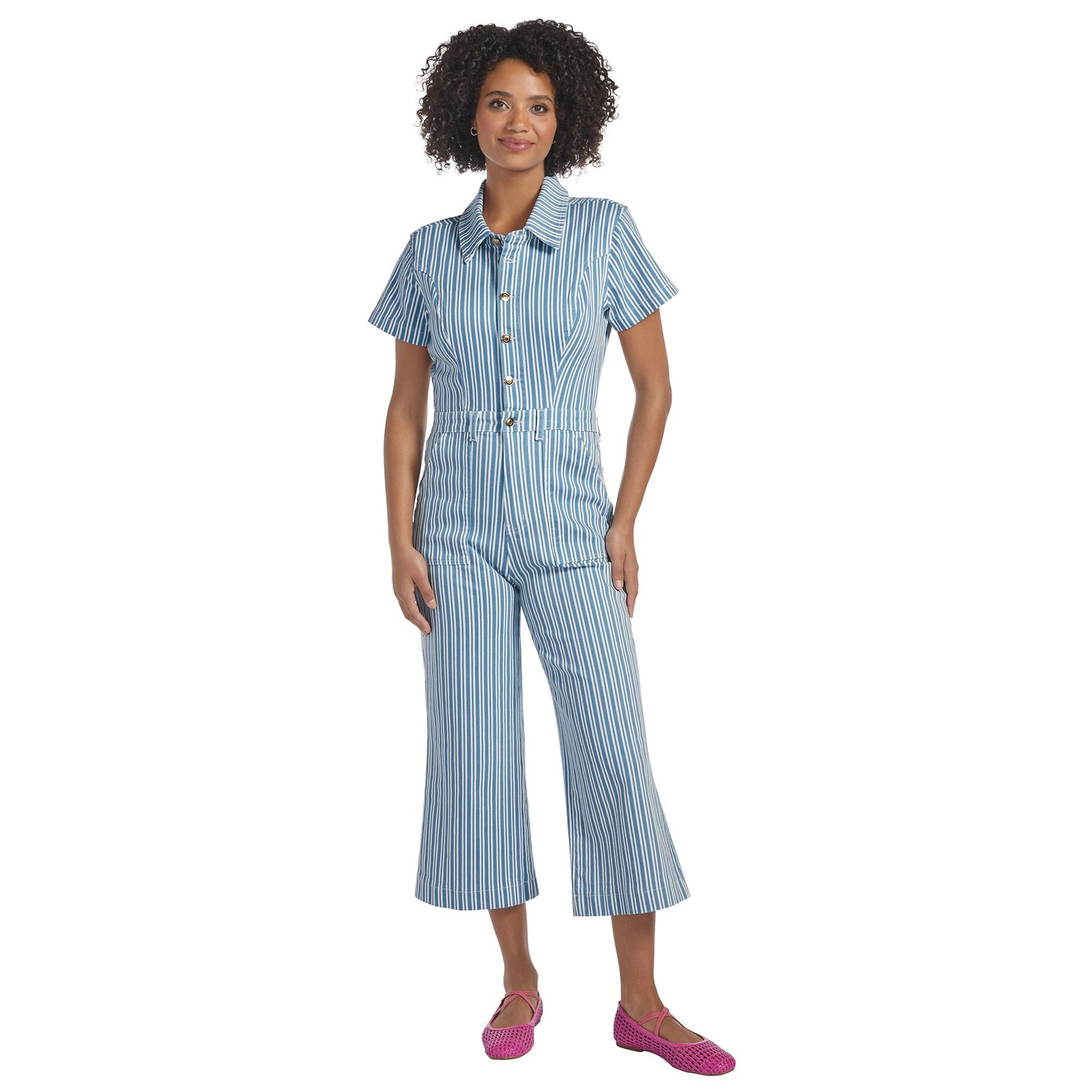 Masseys Denim Jumpsuit (Size 28W) Blue White Stripe, Cotton,Spandex