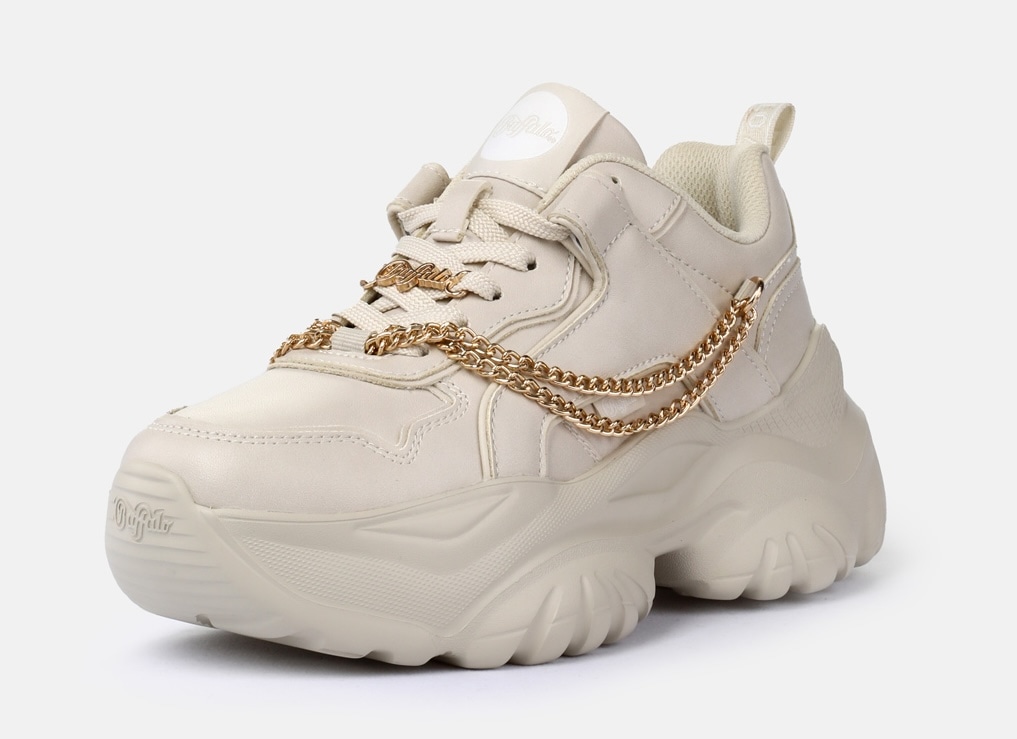 Plateausneaker BUFFALO "Bliss Chain", Damen, Gr. 41, beige, goldfarben, Lederimitat, Schuhe Plateausneaker, Halbschuh, Schnürschuh, Chunky Sneaker mit Zierkette