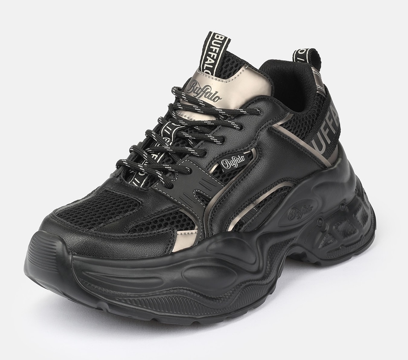 Plateausneaker BUFFALO "Yuno one", Damen, Gr. 37, schwarz, graumetallic, Lederimitat, Textil, metallic, Schuhe Plateausneaker, Halbschuh, Schnürschuh, Retro-Sneaker mit Memory Foam Innensohle