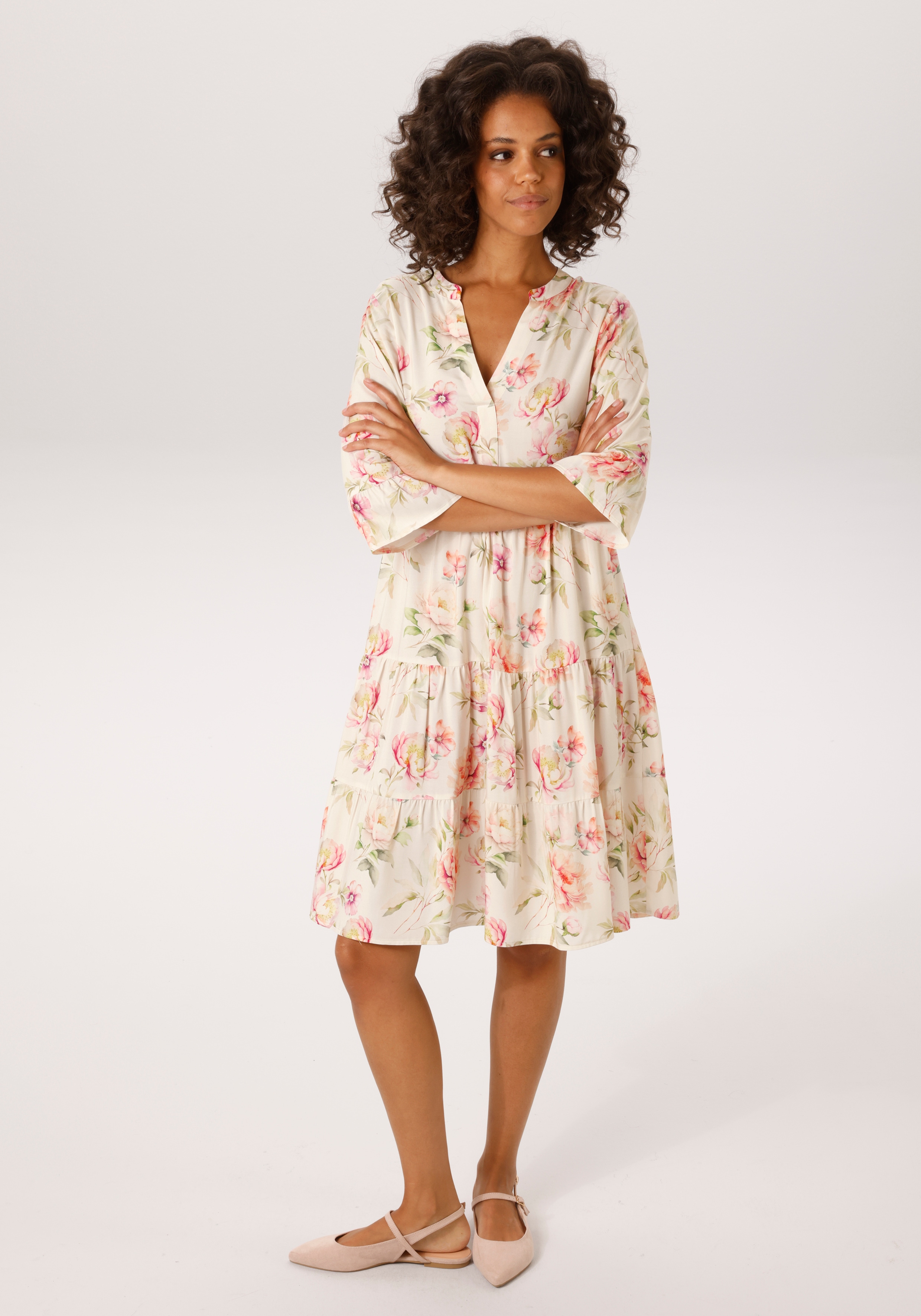 Blusenkleid ANISTON CASUAL, Damen, Gr. 48, N-Gr, hellbeige, grün, rosa, rot, apricot, fuchsia, petrol, taupe, hellbraun, Web, Obermaterial: 100% Viskose, bedruckt, geblümt, lässig geschnitten kniefrei, V-Ausschnitt, Volant, Kleider Blusenkleid, mit...