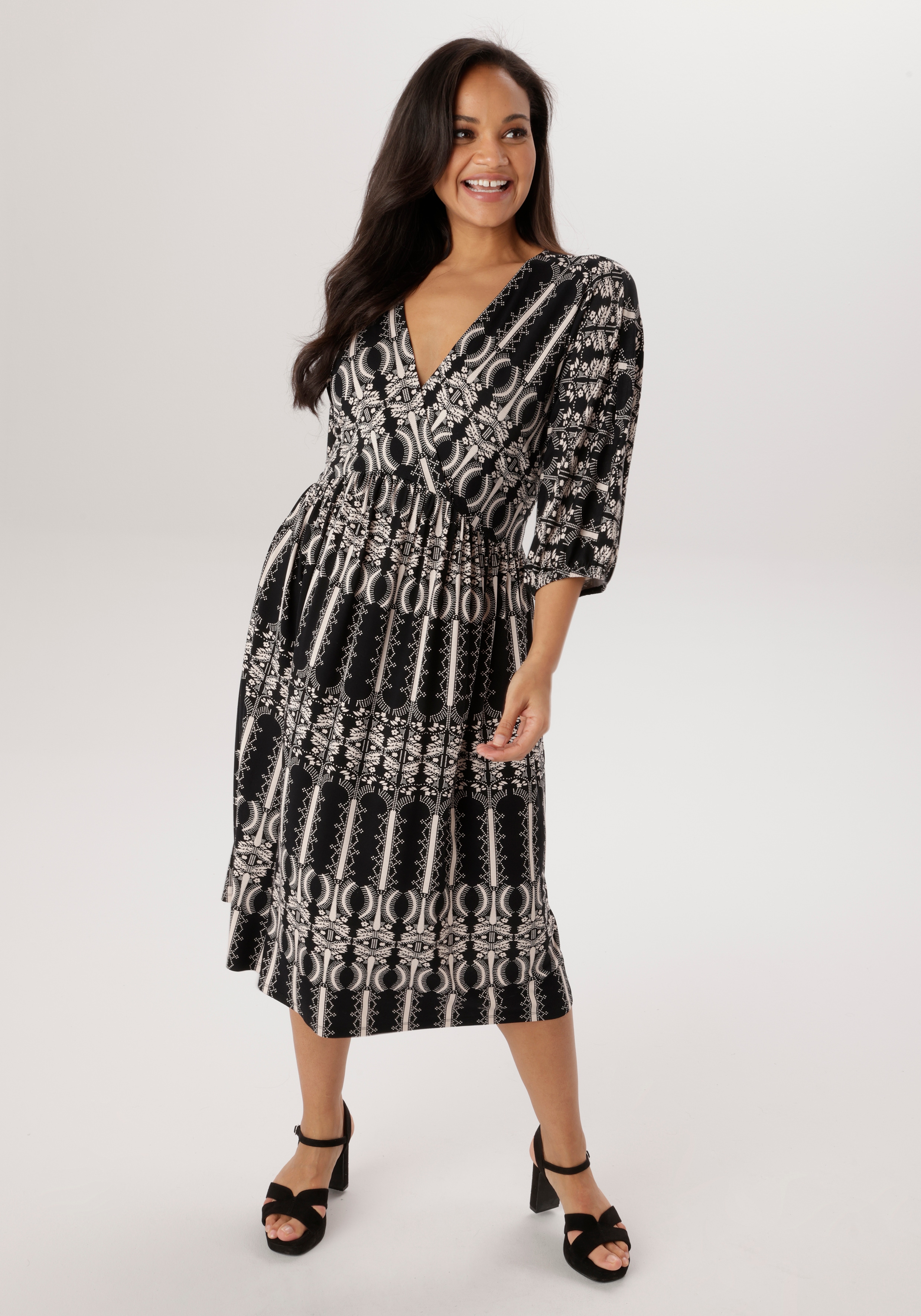 Jerseykleid ANISTON PLUS, Damen, Gr. 50, N-Gr, schwarz, weiß, Jersey, Obermaterial: 95% Viskose, 5% Elasthan, figurumspielend kniebedeckend, V-Ausschnitt, Raglanärmel mit Gummizug, Kleider Jerseykleid, in Wickeloptik - NEUE KOLLEKTION