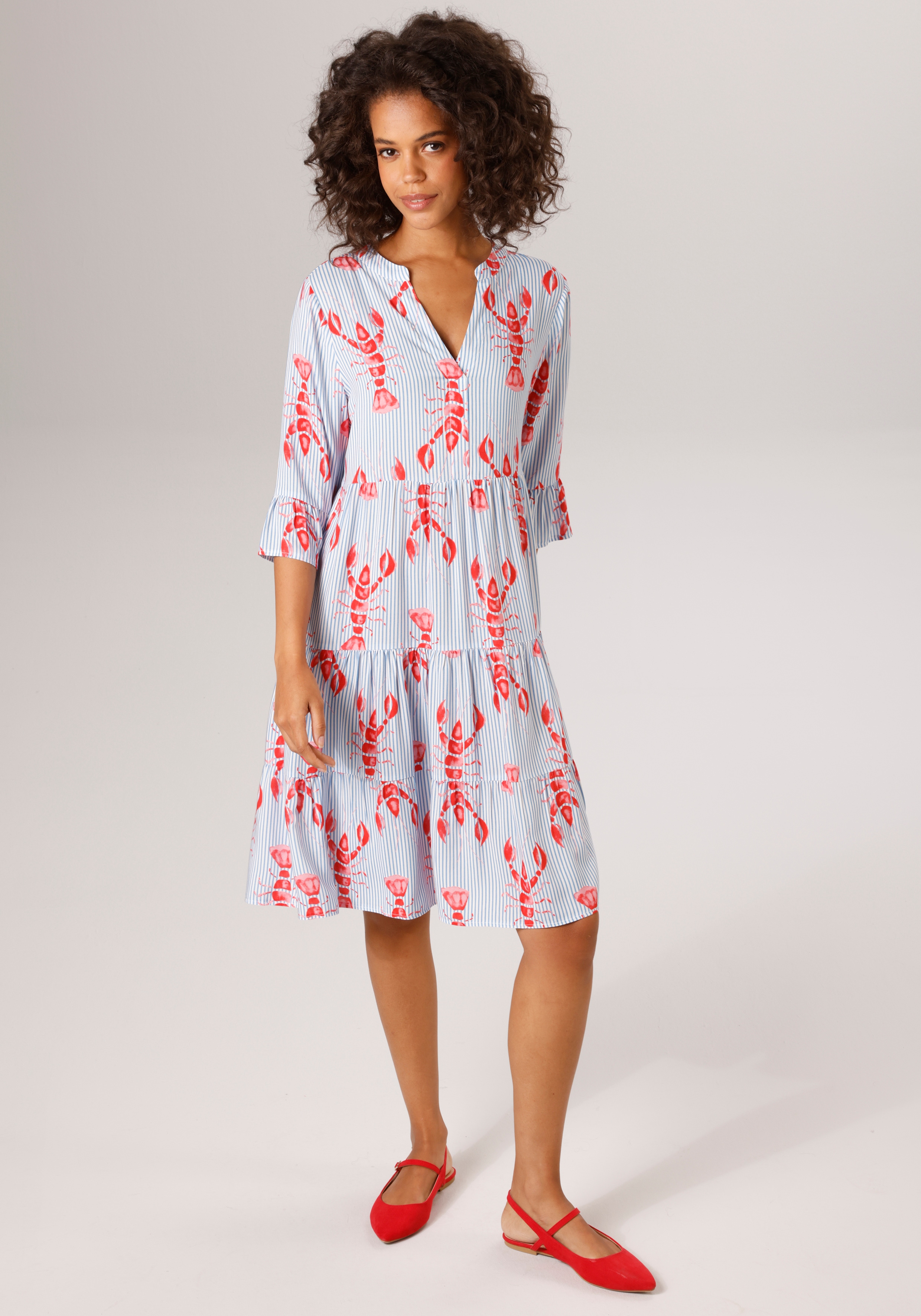 Tunikakleid ANISTON CASUAL, Damen, Gr. 44, N-Gr, weiß, hellblau, rot, rosa, Web, Obermaterial: 100% Viskose, bedruckt, gestreift, lässig geschnitten kniefrei, V-Ausschnitt, Volant, Kleider, gestreift und mit Krebsen bedruckt - NEIUE KOLLEKTION