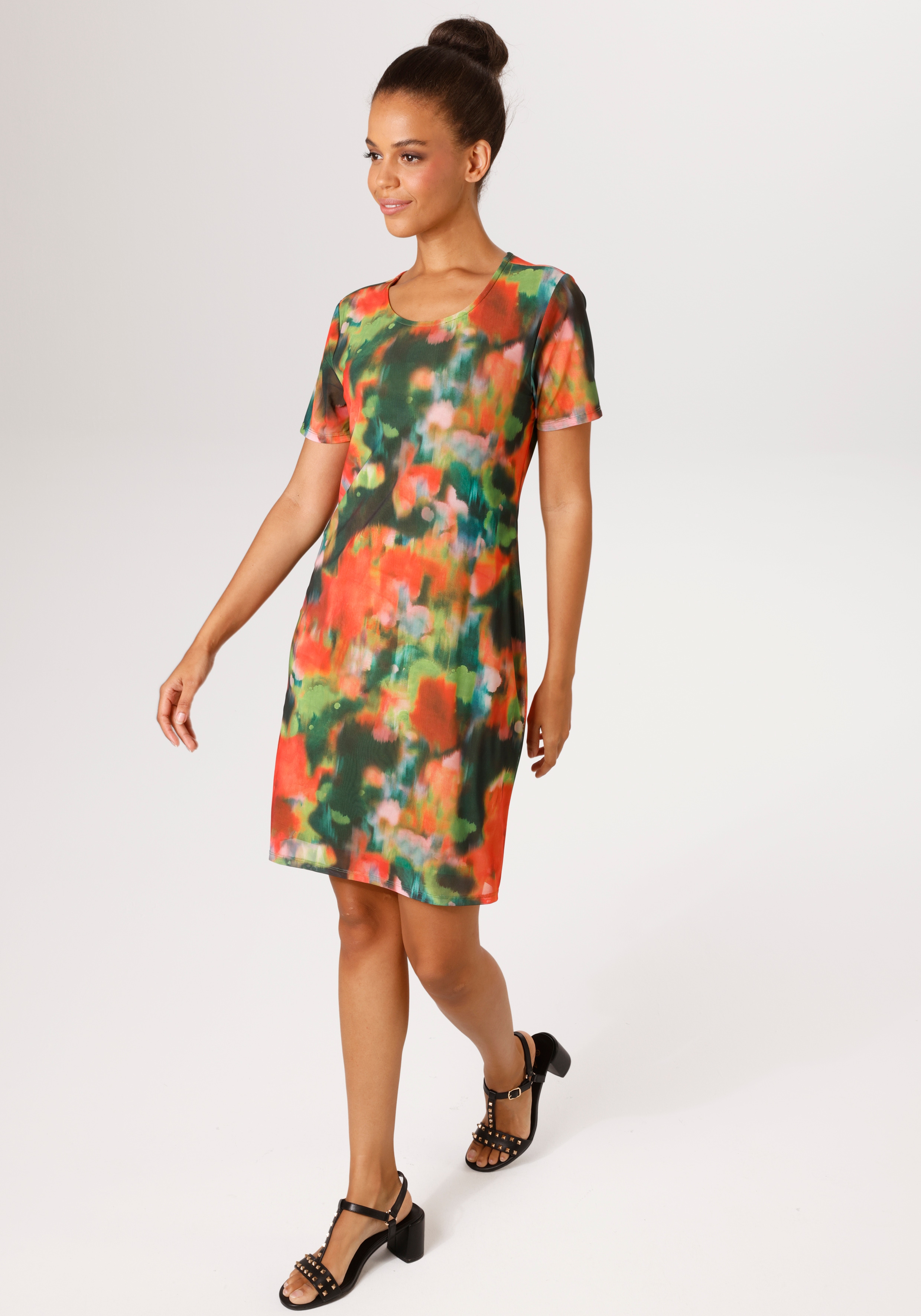 Sommerkleid ANISTON CASUAL, Damen, Gr. 42, N-Gr, grün, rot, rosa, orange, Mesh, Obermaterial: 95% Polyester, 5% Elasthan. Futter: 95% Viskose, 5% Elasthan, geblümt, figurbetont kniefrei, Rundhals, Kleider Sommerkleid, mit raffinierten Cut-Out im...