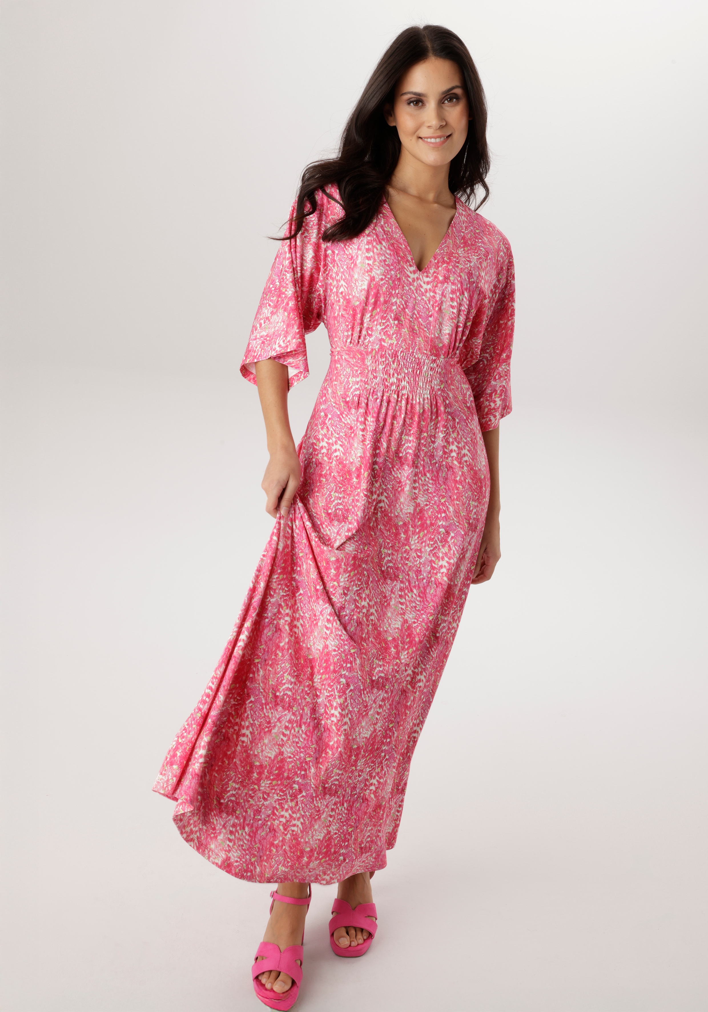 Maxikleid ANISTON SELECTED, Damen, Gr. 44, N-Gr, rosa (pink, rose, weiß, zartgelb), Single Jersey, Obermaterial: 95% Viskose, 5% Elasthan, bedruckt, gemustert, lässig geschnitten lang, V-Ausschnitt, weit, Kleider Maxikleid, mit weiten, 3/4-langen...