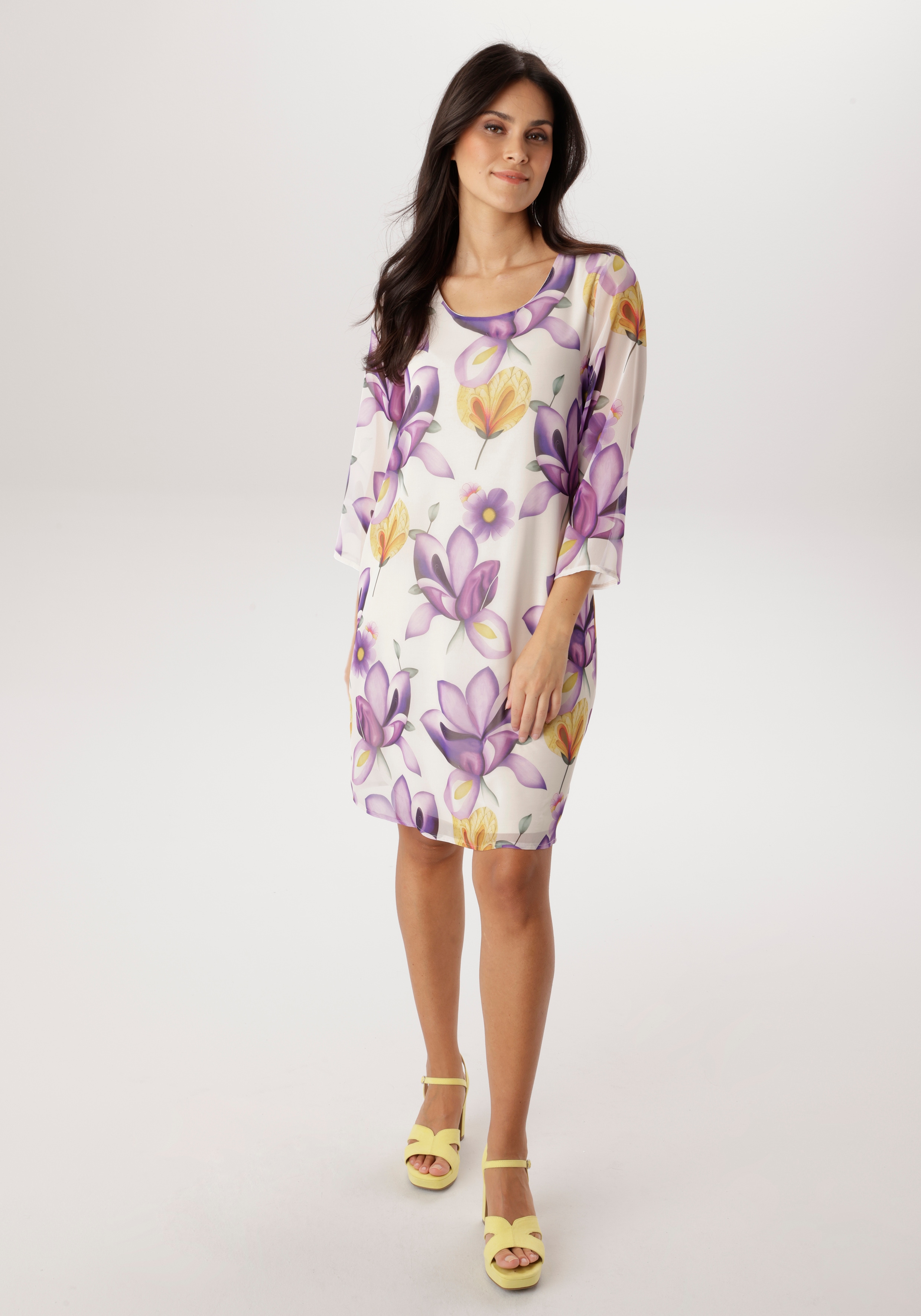 Chiffonkleid ANISTON SELECTED, Damen, Gr. 46, N-Gr, sanftes weiß, lila, flieder, orange, oliv, gelb, dunkelgrün, Chiffon, Obermaterial: 100% Polyester. Futter: 95% Viskose, 5% Elasthan, bedruckt, geblümt, gemustert, figurumspielend kniefrei,...