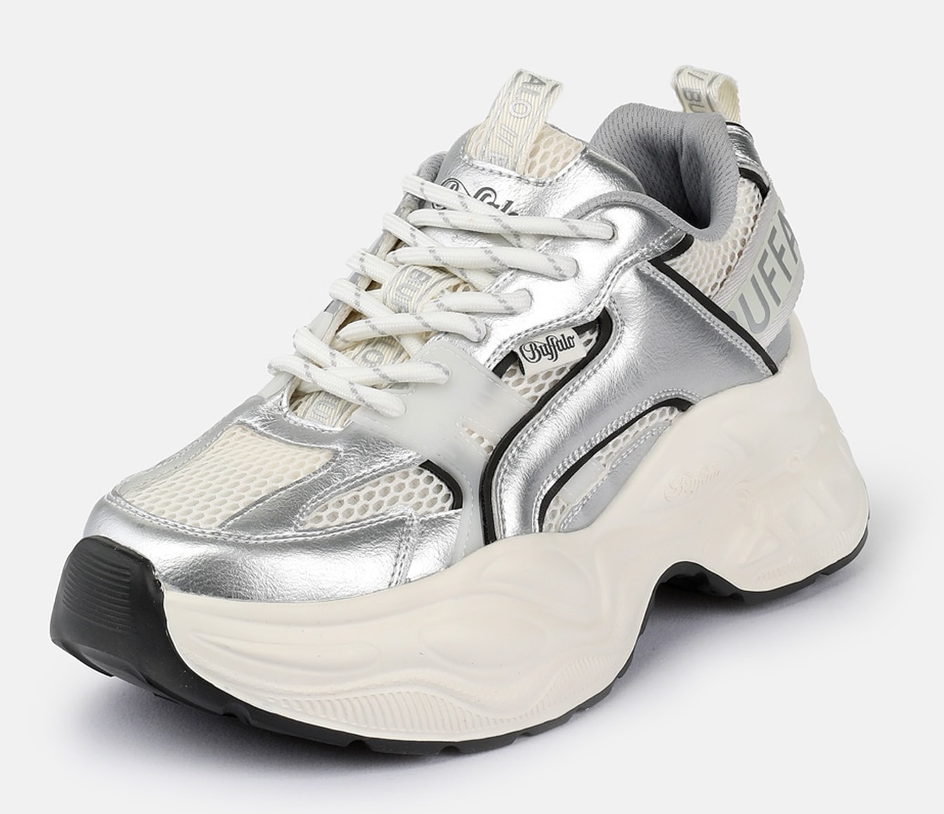 Plateausneaker BUFFALO "Yuno one", Damen, Gr. 37, weiß, schwarz, silberfarben, Lederimitat, Textil, metallic, Schuhe Plateausneaker, Halbschuh, Schnürschuh, Retro-Sneaker mit Memory Foam Innensohle