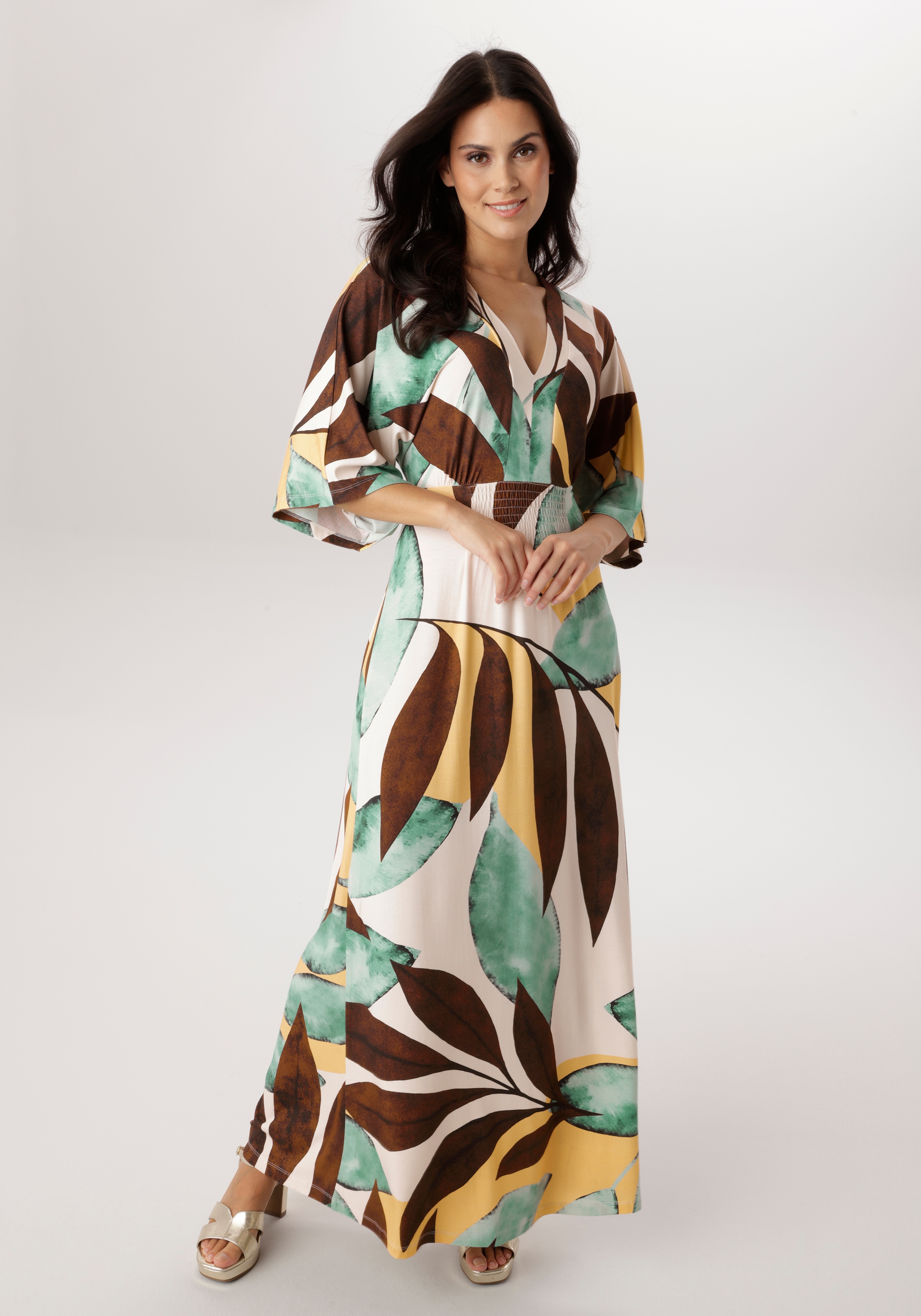 Maxikleid ANISTON SELECTED, Damen, Gr. 38, N-Gr, natur, ockergelb, braun, türkis, petrol, Single Jersey, Obermaterial: 95% Viskose, 5% Elasthan, bedruckt, geblümt, gemustert, lässig geschnitten lang, V-Ausschnitt, weit, Kleider Maxikleid, mit...