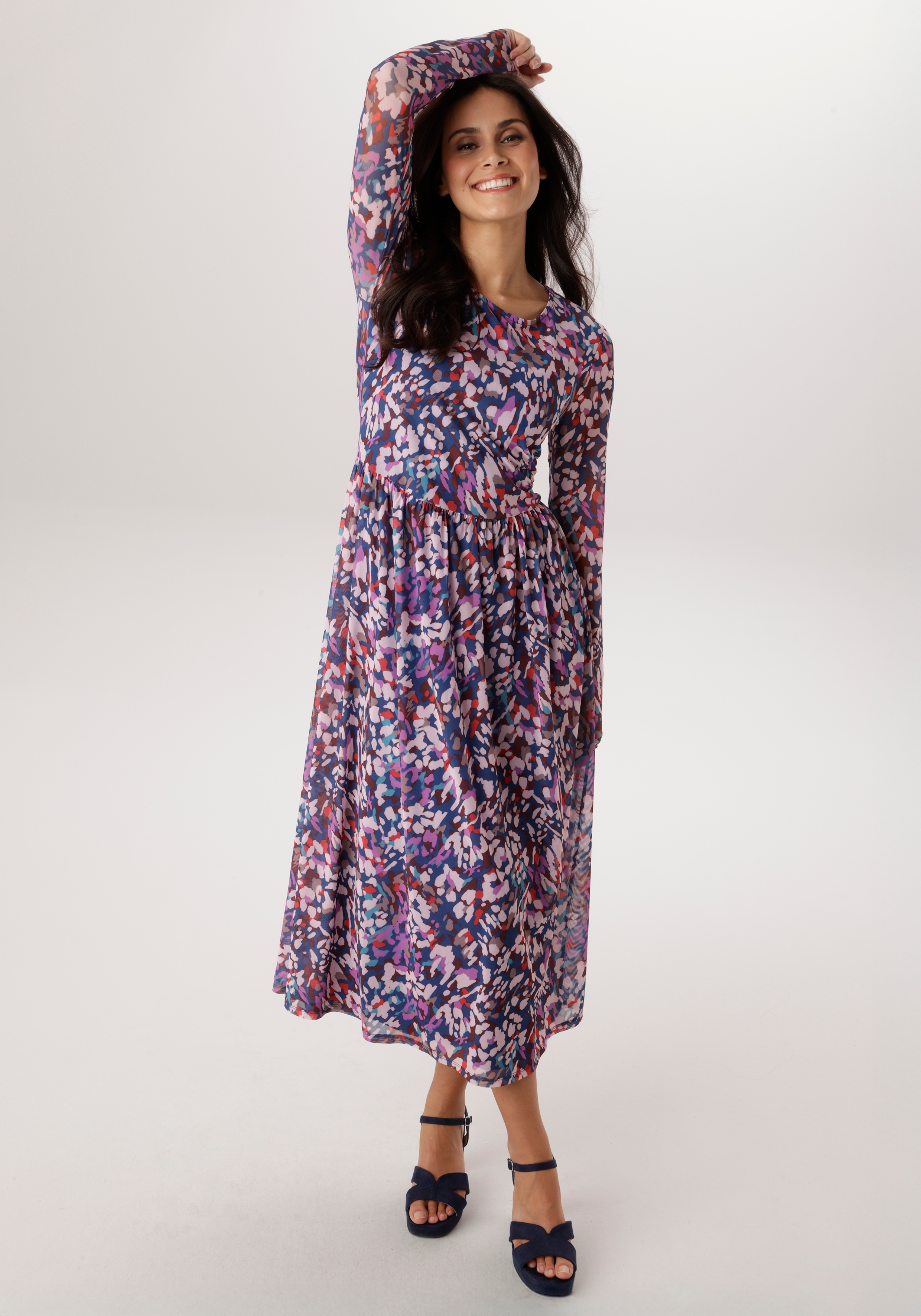 Midikleid ANISTON SELECTED, Damen, Gr. 48, N-Gr, blau, türkis, flieder, orange, schoko, beige, Mesh, Obermaterial: 95% Polyester, 5% Elasthan. Futter: 95% Viskose, 5% Elasthan, figurumspielend wadenlang, Rundhals, Kleider Midikleid, im...