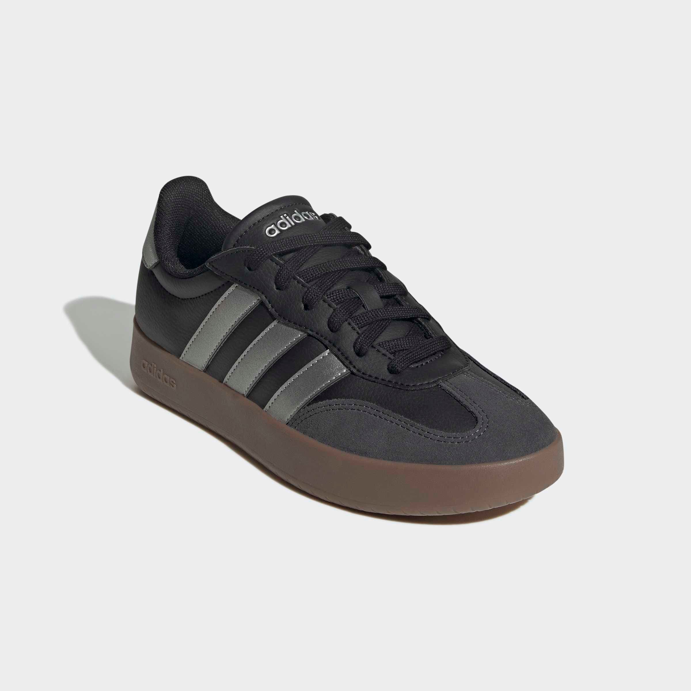 Sneaker ADIDAS SPORTSWEAR "BARREDA", Damen, Gr. 41, core schwarz, silber metallic, carbon, Leder, Synthetik, Schuhe Sneaker, inspiriert vom Design des adidas Handball Spezial
