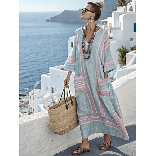 Damen Maxikleid Leinenähnlich Atmungsaktiv Leicht Sonnenkleid A-Linie Kleid Urlaub Lässig Boho Strand Ausgehen Floral Grafik Geometrisch Lange Ärmel V-Ausschnitt Blau Rot Himmelblau Orange Sommer Image