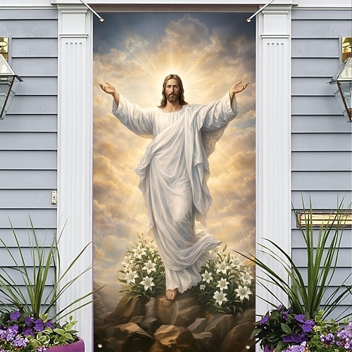 Oster-Türdekoration mit dem auferstandenen Jesus in strahlender Herrlichkeit, christliche Himmelsszene, perfekt für die Karwoche und als Osterdekoration im Freien. Image