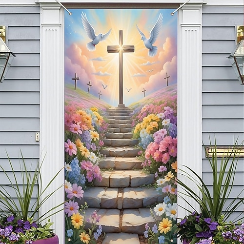 Ostertürdekoration mit Kreuz und Tauben, farbenfrohes Treppenhausmotiv mit Blumenmuster, christliche Dekoration für die Karwoche, perfekt für Ostern und als Außendekoration. Image