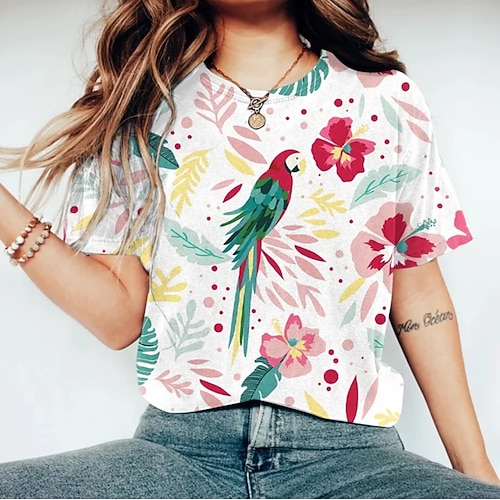 Damen T Shirt Druck Grafik Tiermotiv Vogel Vintage Stilvoll Klassisch Kurzarm Rundhalsausschnitt Normale Oberteile Täglich Wochenende Blau Schwarz Weiß Sommer Frühling Image