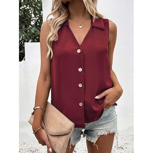 Damen Bluse Knöpfe Einfarbig Vintage Stilvoll Lässig Ärmellos V Ausschnitt Normale Oberteile Täglich Blau Schwarz Weiß Wein Armeegrün Sommer Frühling Image