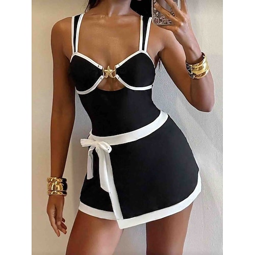 Damen Badeanzug Einteiler Tankini Monokini Rock Bademode Bauchkontrolle Hohe Taille Schlank Rückenfrei Urlaub Strandbekleidung Einfarbig V Ausschnitt Ärmellos Badeanzüge Image