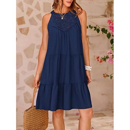 Damen Minikleid A Linie Kleid Sommerkleid Lässig Täglich Lässiger Schnitt Einfach Ärmellos Neckholder Blau Marineblau Weiß Rote Sommer Image