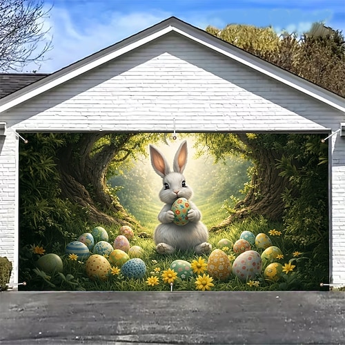 Osterdekoration für Garagentore, niedlicher Hase mit bunten Eiern in einem verwunschenen Garten, festliche Osterdekoration für Feierlichkeiten im Freien, perfekt für Frühlingsfeste