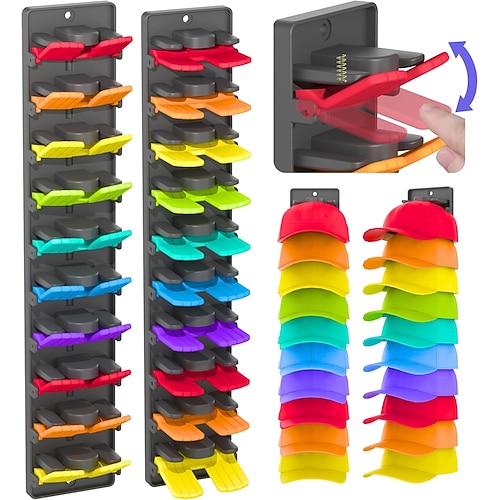 2er-Pack Hutorganizer für Baseballkappen mit integrierten Federclips – Wandmontierter Hutständer für Schrank und Tür/Schrank (stark klebend) Schrauben) Image