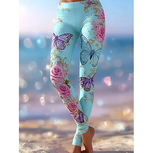 Damen Hosen Hose Leggings Gemütliche Leggings Urlaub Basic Lässig Volle Länge Hohe Taille Schmetterling Blume Elastischer Bund Druck Komfort Atmungsaktivität Bequem Dehnbar Urlaub Formell Straße Rosa Image