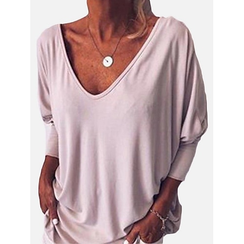 Damen T-Shirt Einfarbig Stilvoll Lässig Langarm V-Ausschnitt Normale Oberteile Täglich Knöpfe Blau Schwarz Weiß Wein Armeegrün Sommer Frühling Herbst Image