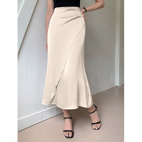 Damen Satinröcke Elegant Vintage Mode Lässig Midi Hohe Taille Röcke Einfach Gerafft Patchwork Unelastisch Täglich Büro / Karriere Schwarz Knackmandel Braun Grün Sommer Spandex Satin Image