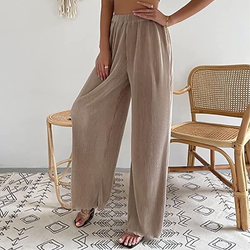 Damen Hose Cordhose Baggy-Hosen Urlaub Mode Alltagstauglich Volle Länge Hohe Taille Tasche Elastischer Bund Weites Bein Komfort Schnelltrocknend Leicht Mikroelastisch Täglich Outdoor Ferien Aprikose Image