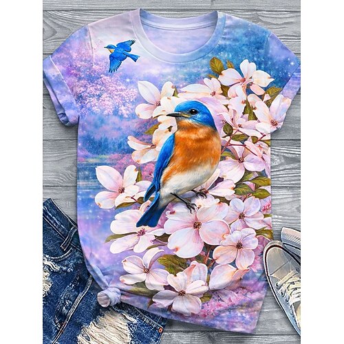 Damen T Shirt Druck Blumen Grafik Tiermotiv Vintage Stilvoll Klassisch Kurzarm Rundhalsausschnitt Normale Oberteile Täglich Wochenende Rosa Purpur Grün Sommer Frühling Herbst Winter Image